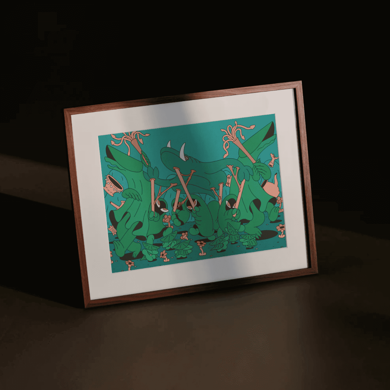 Framed surreal Japanese illustration by NOY featuring playful green creatures, showcased with moody lighting