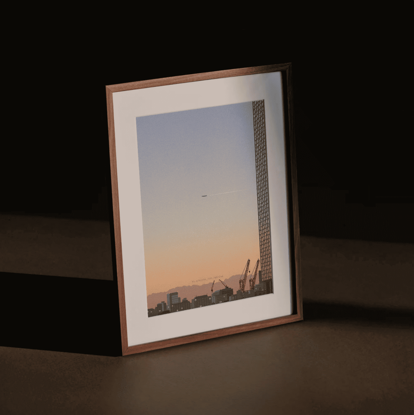 Urban Magic Hour – serene Tokyo skyline Japanese art print by Rie Shimada with sunset and airplane in wood frame and moody lighting