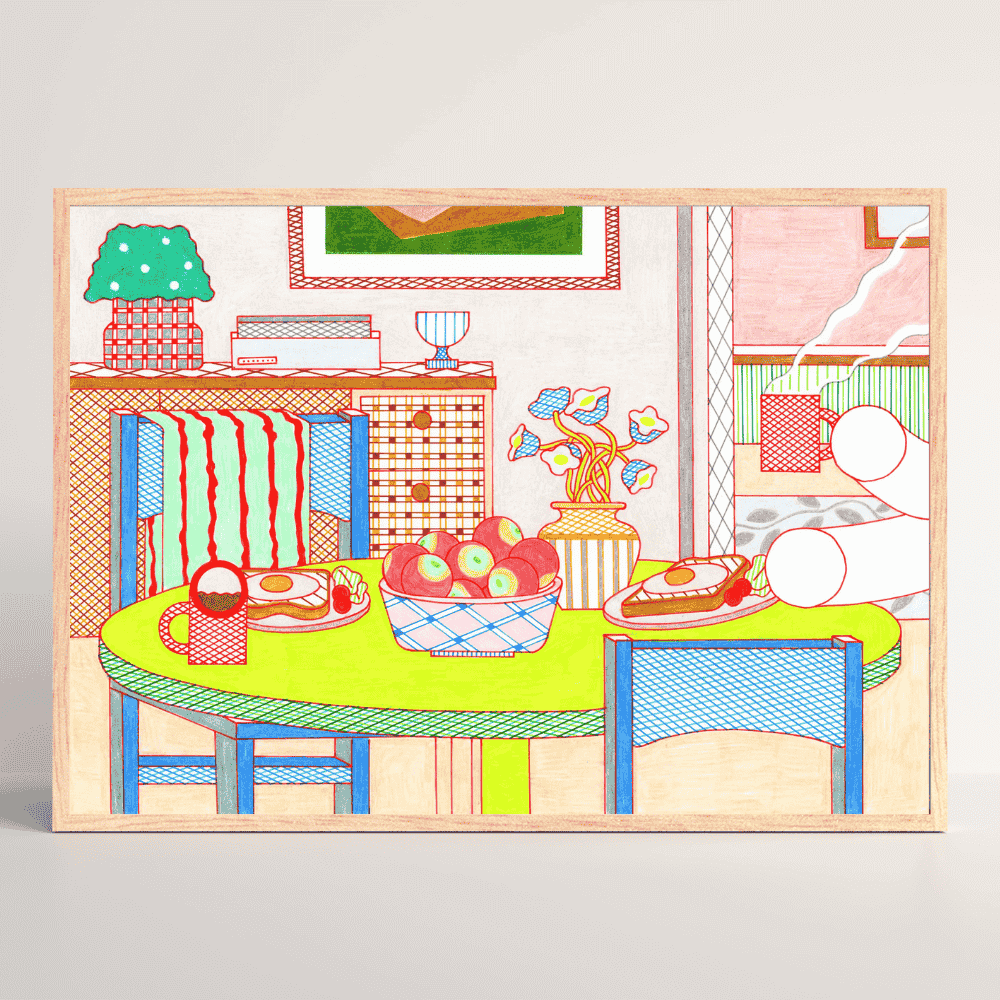 Breakfast – cozy Japanese interior art print by Sakie Suzuki featuring morning meal scene in wood frame