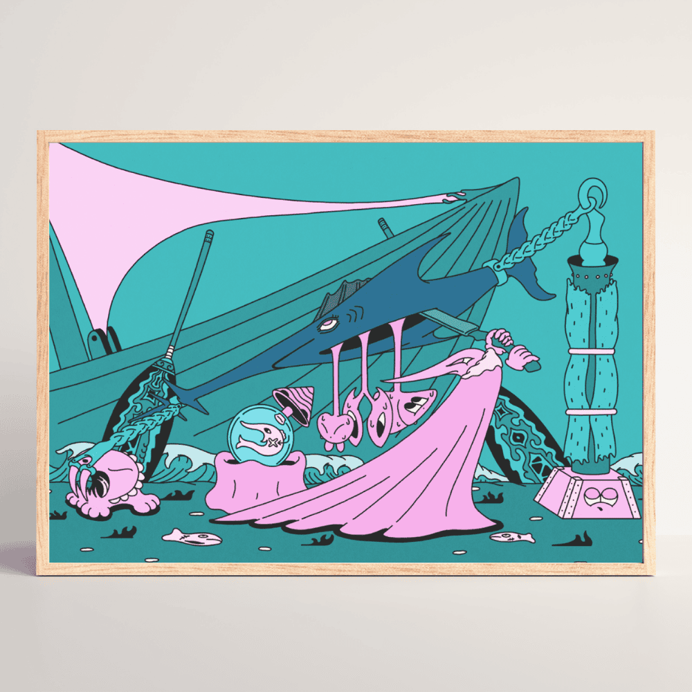 Chop-Chop Fisher Mining – surreal Japanese art print by NOY with sea creatures and fishing gear in wood frame
