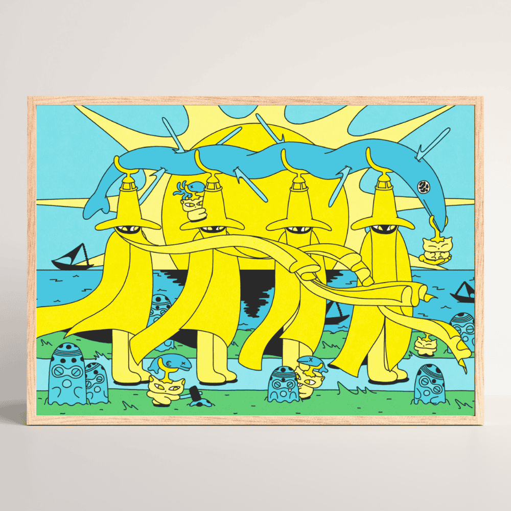 Sunset Howlers in Hats – whimsical fantasy Japanese art print by NOY with yellow creatures in wood frame