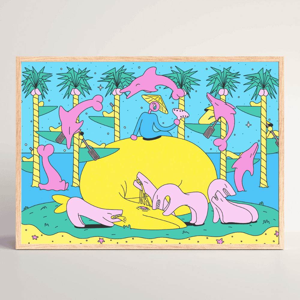 Circle of Etakku – surreal Japanese art print by NOY with pink dolphins and mystical figures in wood frame