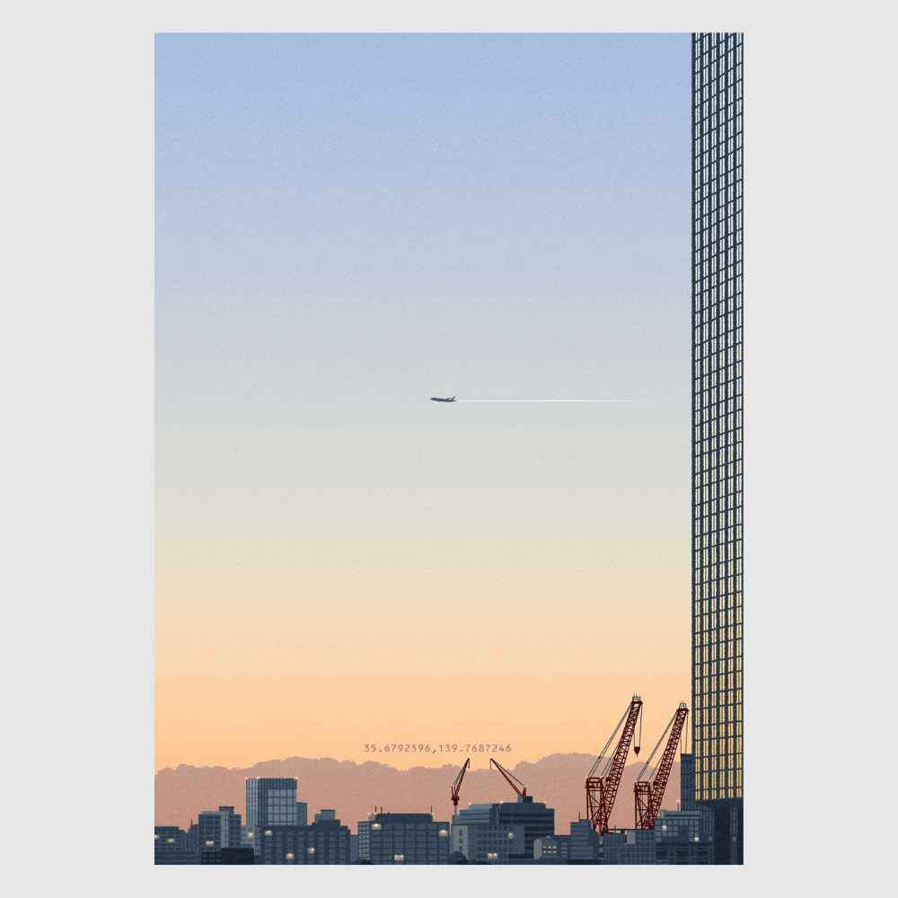 Urban Magic Hour – serene Tokyo skyline Japanese art print by Rie Shimada with sunset and airplane