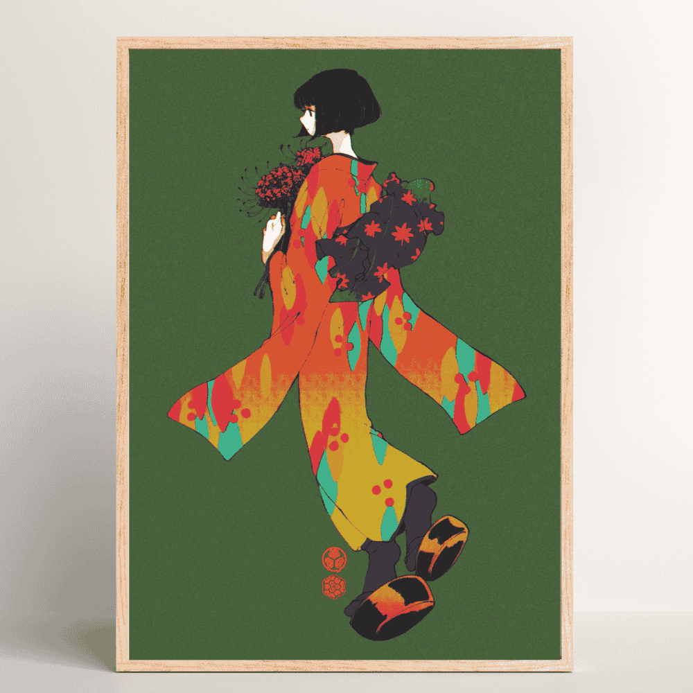 Higanbana – elegant Japanese art print of a kimono-clad girl with red spider lilies by Ico Asagiwa in wood frame