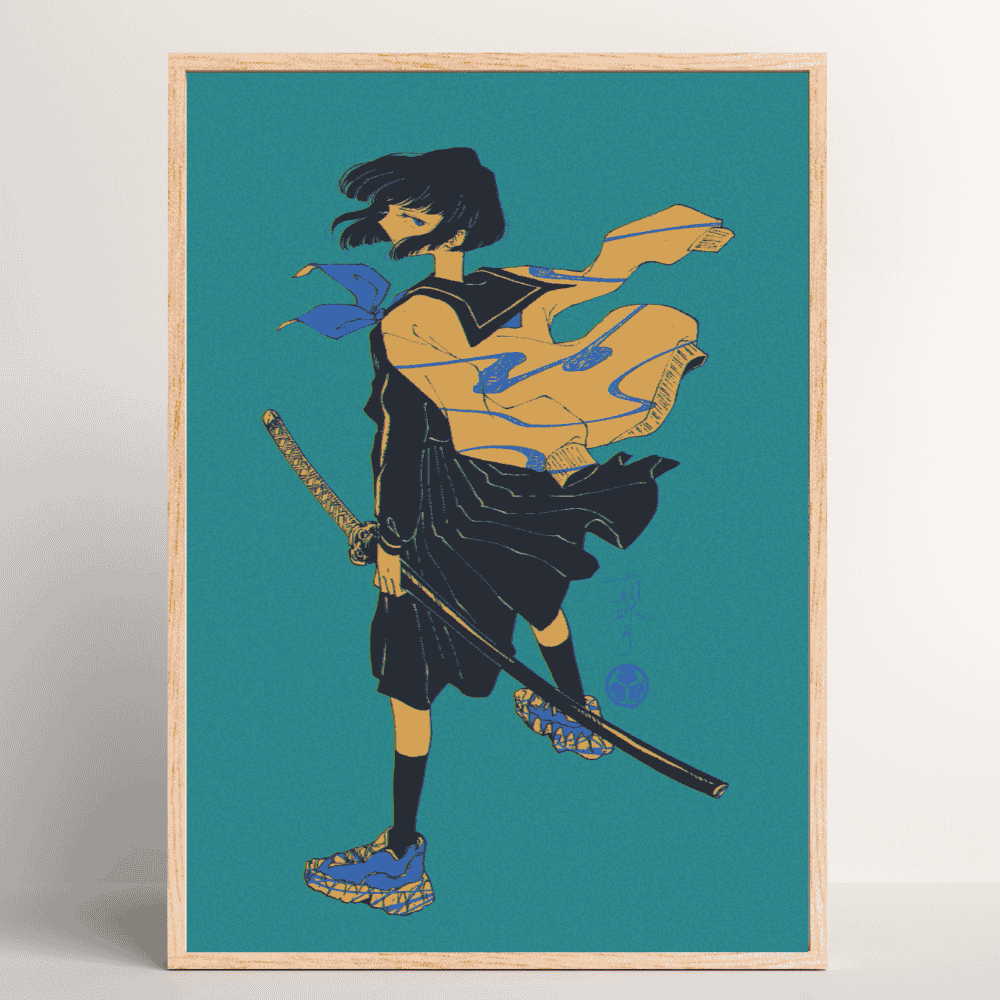 Katana – bold Japanese art print by Ico Asagiwa featuring a modern samurai girl with sword in wood frame