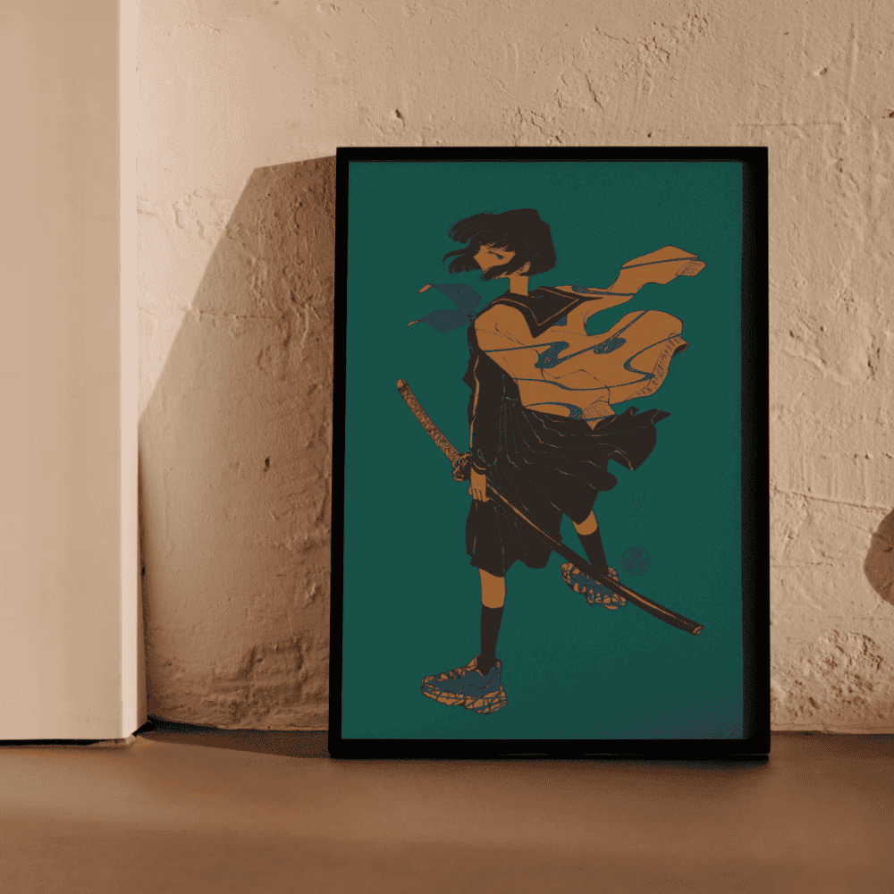 Katana – bold Japanese art print by Ico Asagiwa featuring a modern samurai girl with sword in moody lighting and black frame