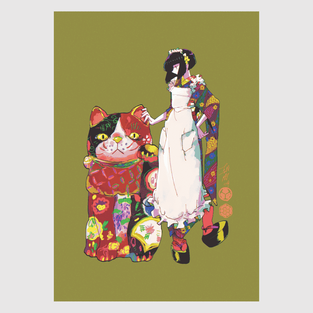 Senkyakubanrai – vibrant Japanese art print by Ico Asagiwa featuring a kimono-clad girl and lucky beckoning cat