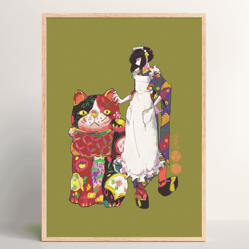 Senkyakubanrai – vibrant Japanese art print by Ico Asagiwa featuring a kimono-clad girl and lucky beckoning cat in wood frame