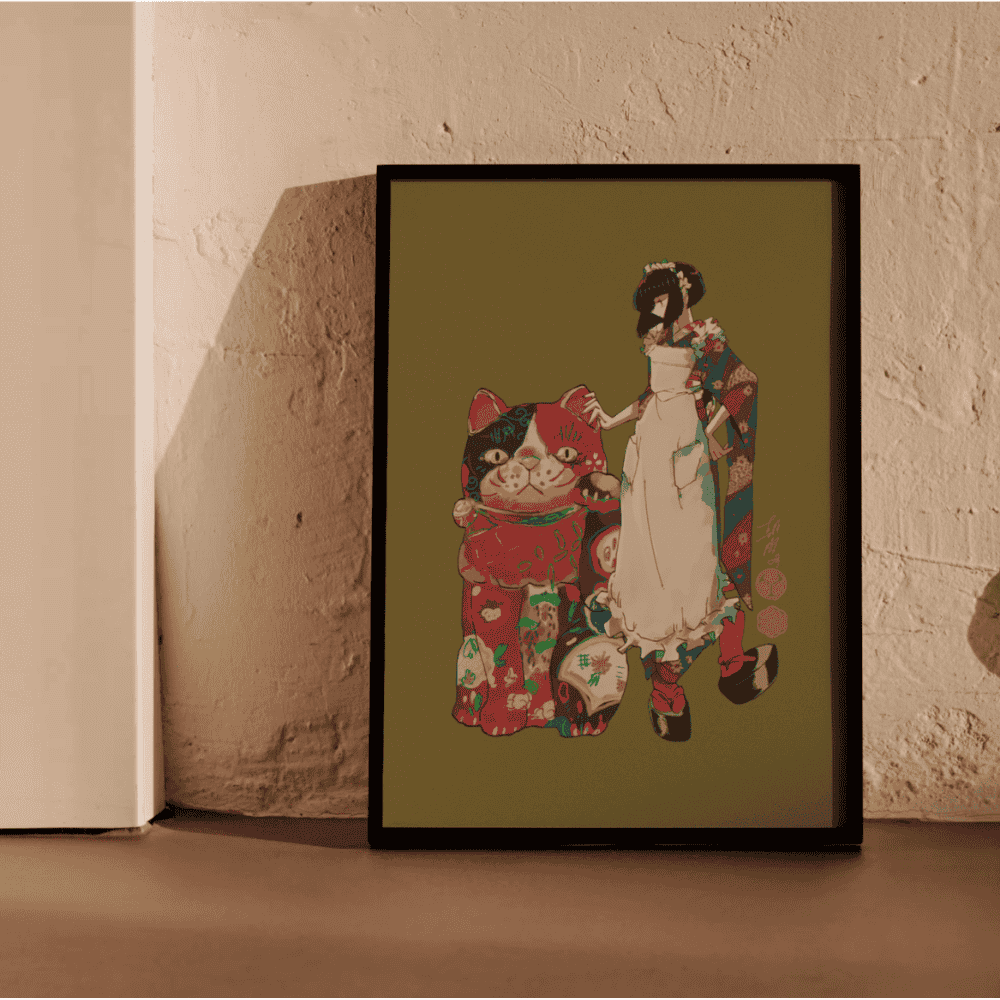 Senkyakubanrai – vibrant Japanese art print by Ico Asagiwa featuring a kimono-clad girl and lucky beckoning cat framed in interior lighting