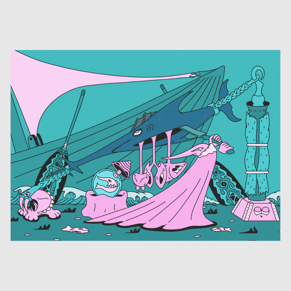 Chop-Chop Fisher Mining – surreal Japanese art print by NOY with sea creatures and fishing gear
