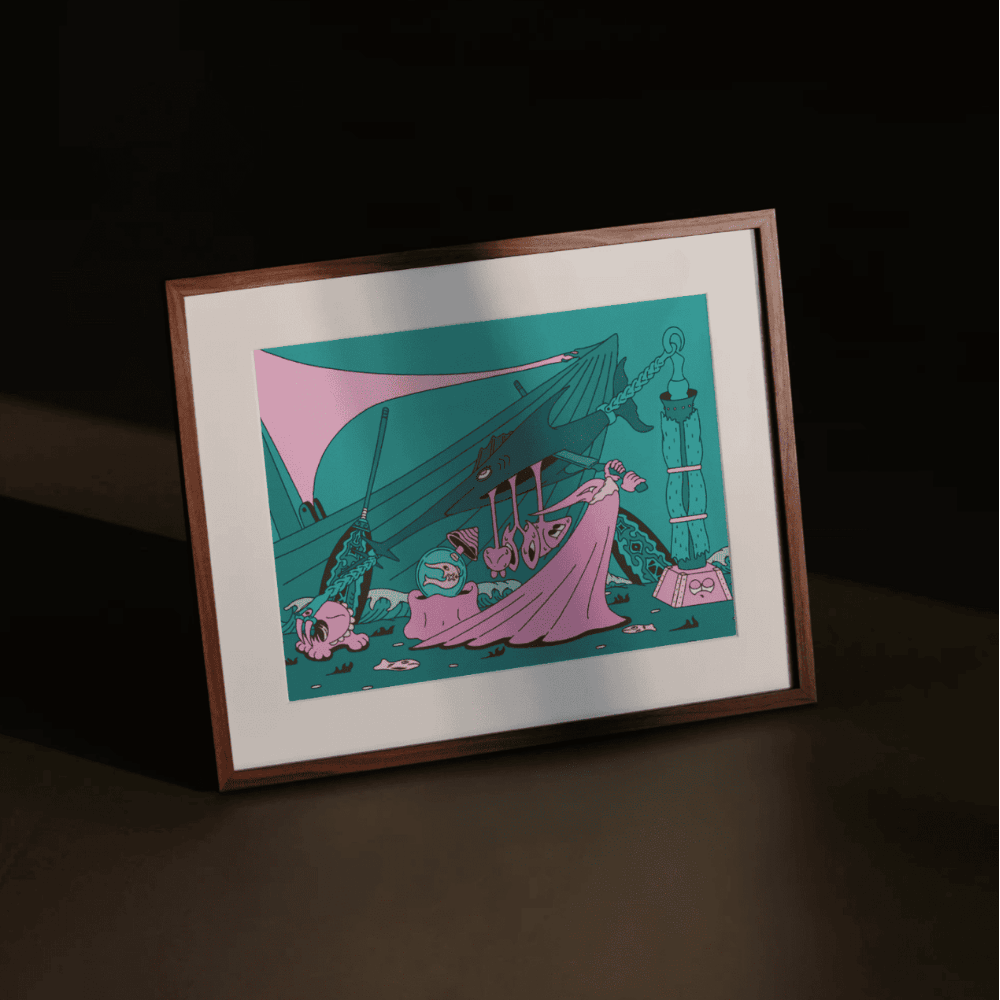 Chop-Chop Fisher Mining – surreal Japanese art print by NOY featuring whimsical sea creatures and fishing tools, framed in wood under moody lighting