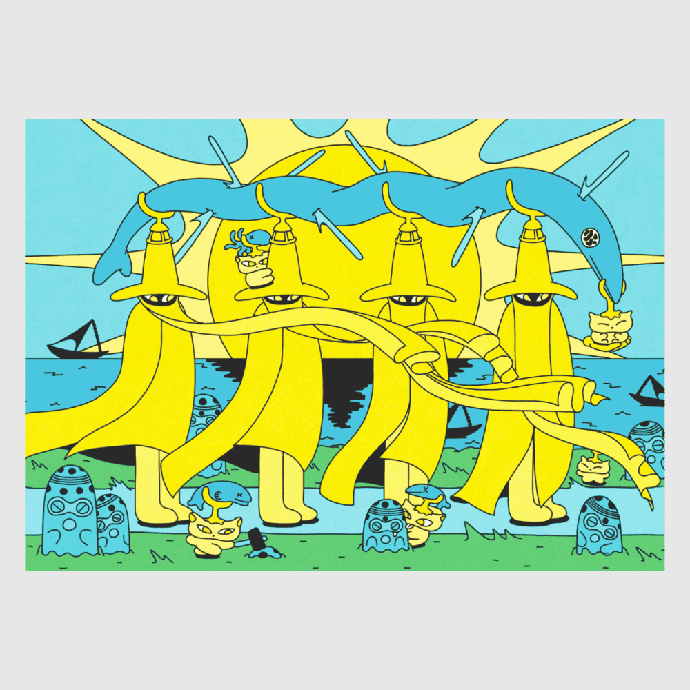 Sunset Howlers in Hats – whimsical fantasy Japanese art print by NOY with yellow creatures