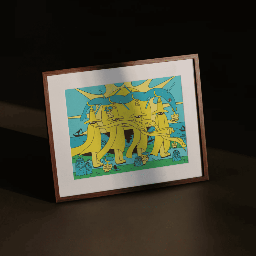 Sunset Howlers in Hats – whimsical Japanese fantasy art print by NOY featuring yellow horned creatures under a stylized sun, presented in a wood frame with moody lighting