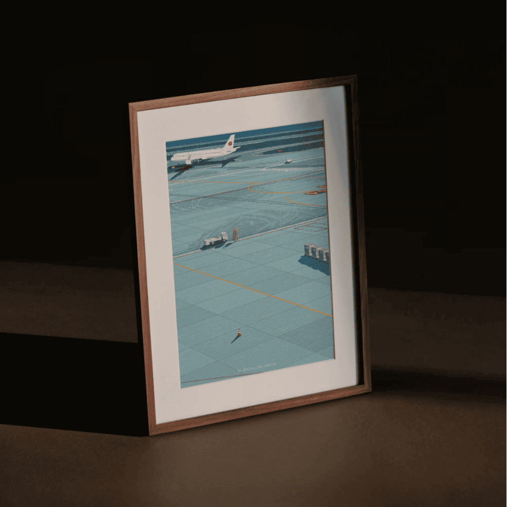 Many Pathways – airport runway Japanese art print by Rie Shimada with airplane and traveler framed with light