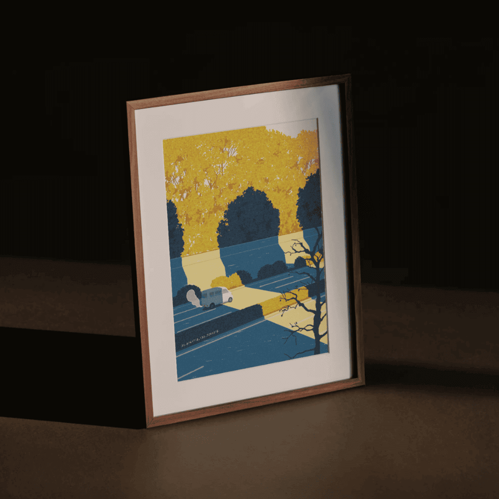Blessing in Disguise – peaceful Japanese road trip art print with trees and camper van by Rie Shimada in wood frame and moody lighting