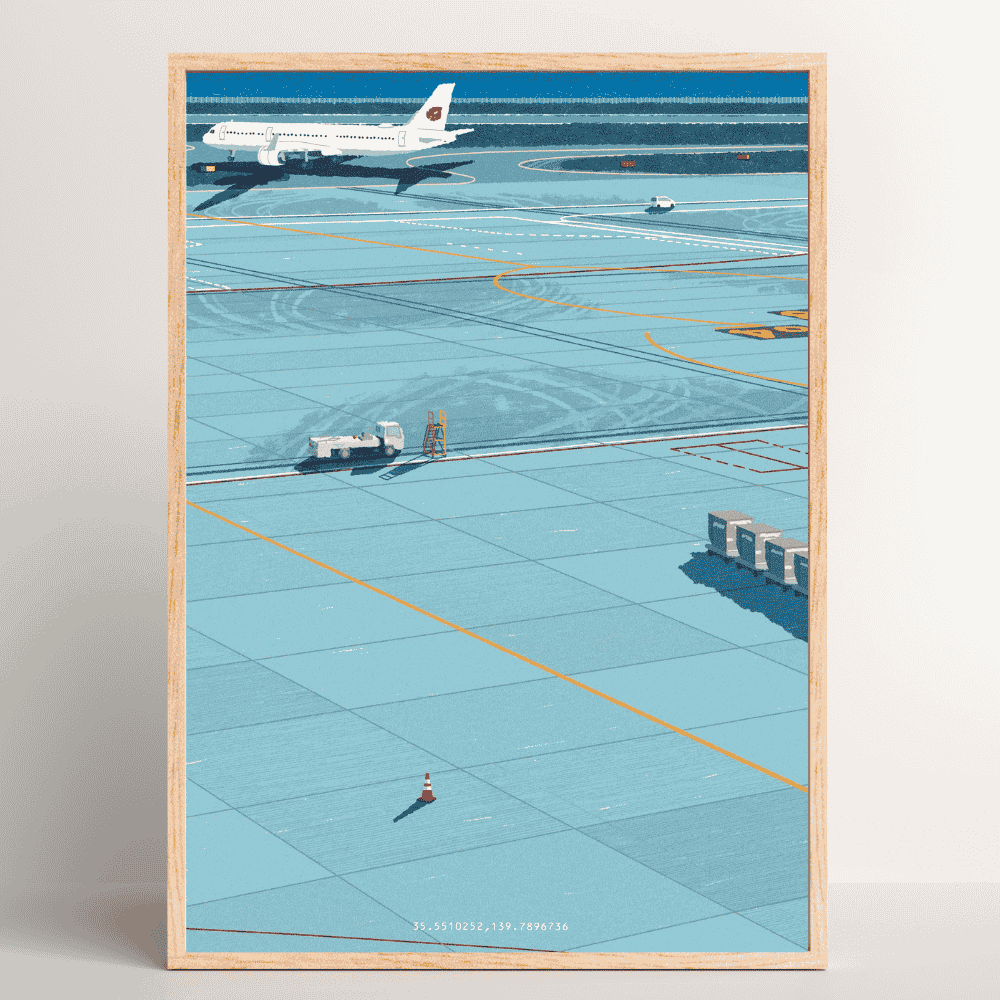 Many Pathways – airport runway Japanese art print by Rie Shimada with airplane and traveler in wood frame