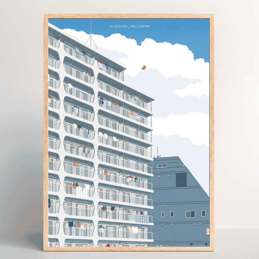 Blue Breeze – Japanese apartment building art print by Rie Shimada in wood frame