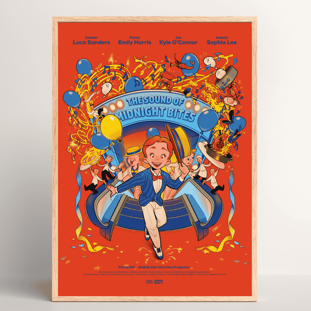 Dine like a star – vibrant musical-themed Japanese art print by PHI in wood frame