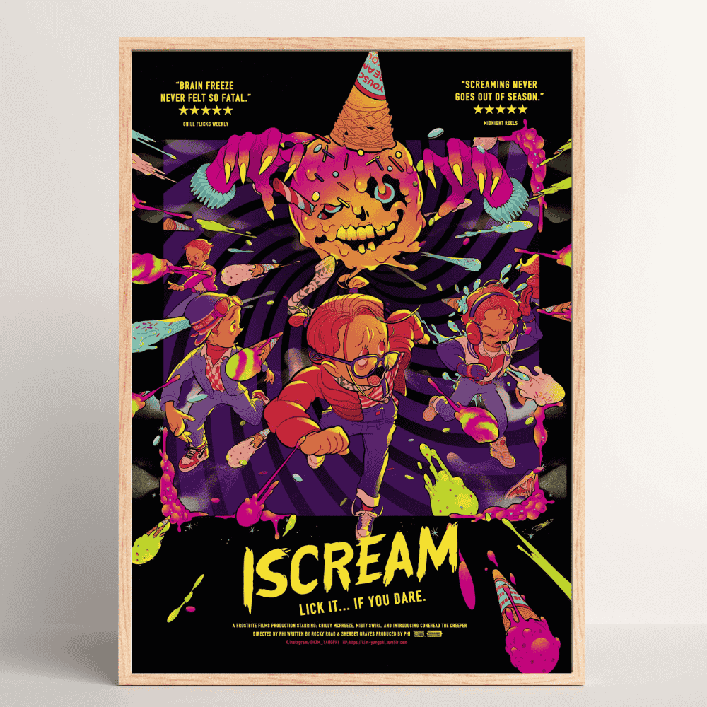 I Scream – bold Halloween-inspired Japanese art print by PHI featuring surreal candy monster and kids in wood frame