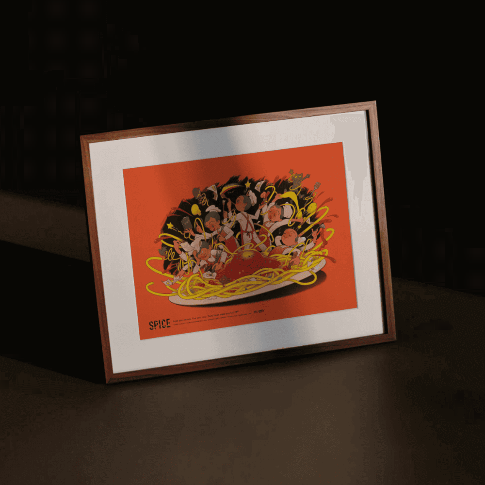 SPICE – whimsical food-themed Japanese art print by PHI in wood frame with warm moody lighting