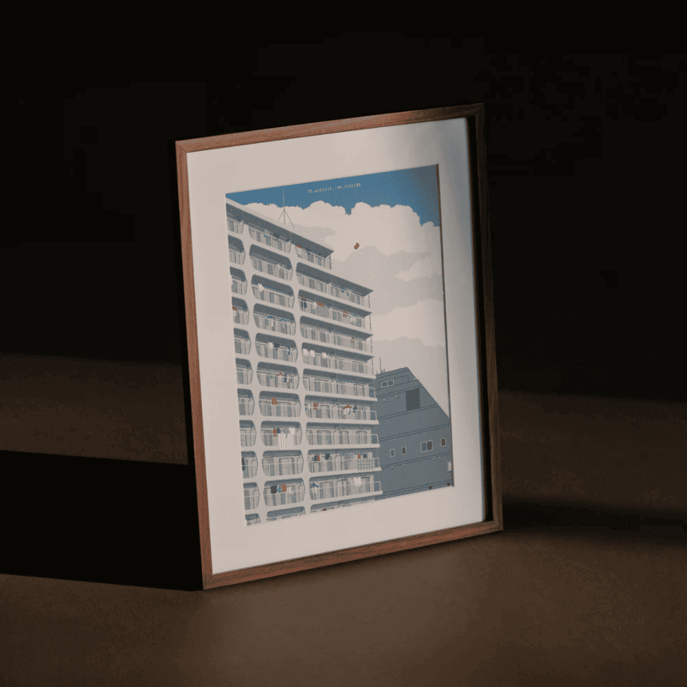 Blue Breeze – Japanese apartment building art print by Rie Shimada in wood frame and moody lighting