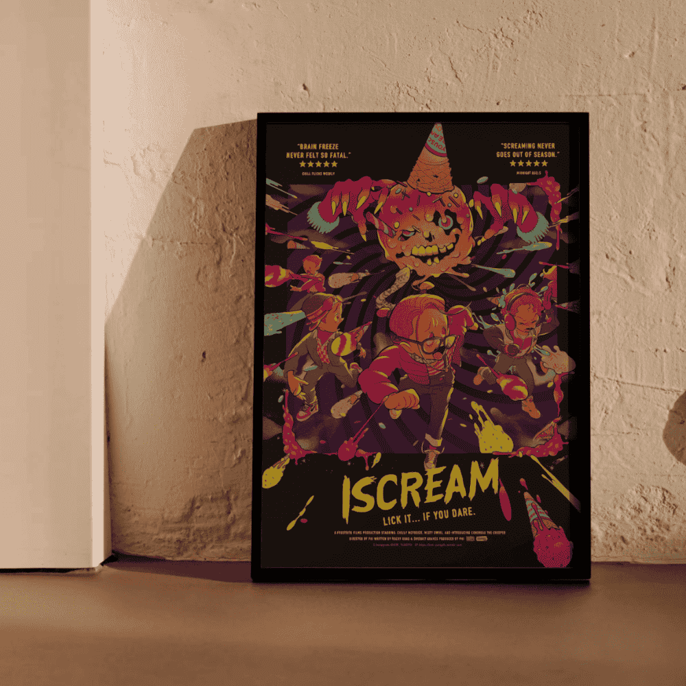 I Scream – bold Halloween-inspired Japanese art print by PHI featuring surreal candy monster and kids in wood frame with warm moody lighting