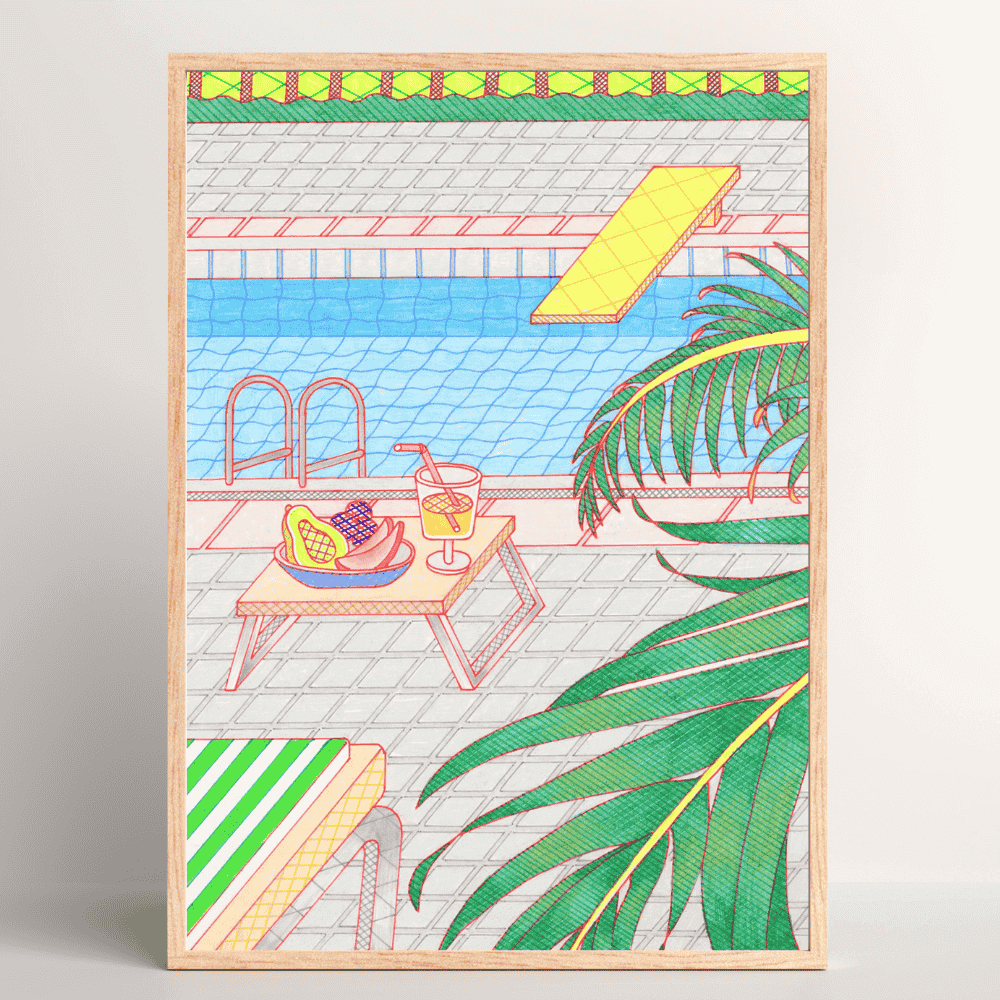 Vacation – vibrant summer-themed Japanese art print by Sakie Suzuki in wood frame