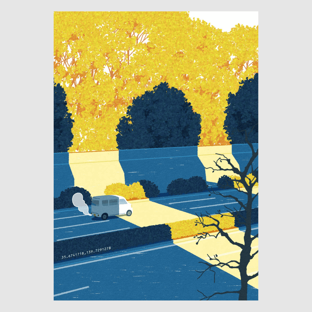 Blessing in Disguise – peaceful Japanese road trip art print with trees and camper van by Rie Shimada