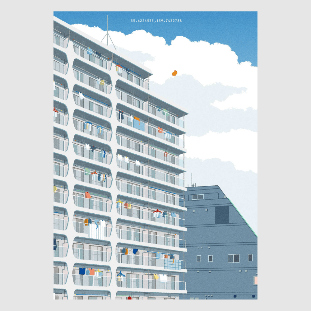 Blue Breeze – Japanese apartment building art print by Rie Shimada