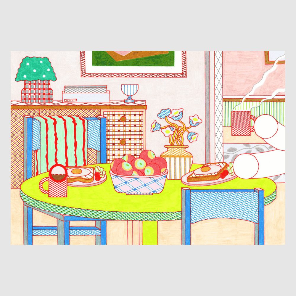 Breakfast – cozy Japanese interior art print by Sakie Suzuki featuring morning meal scene