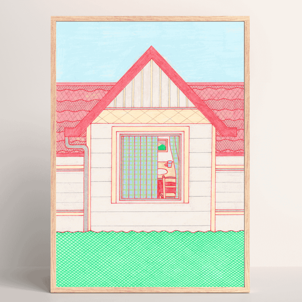 House Window – minimalist Japanese art print by Sakie Suzuki with warm home view in wood frame