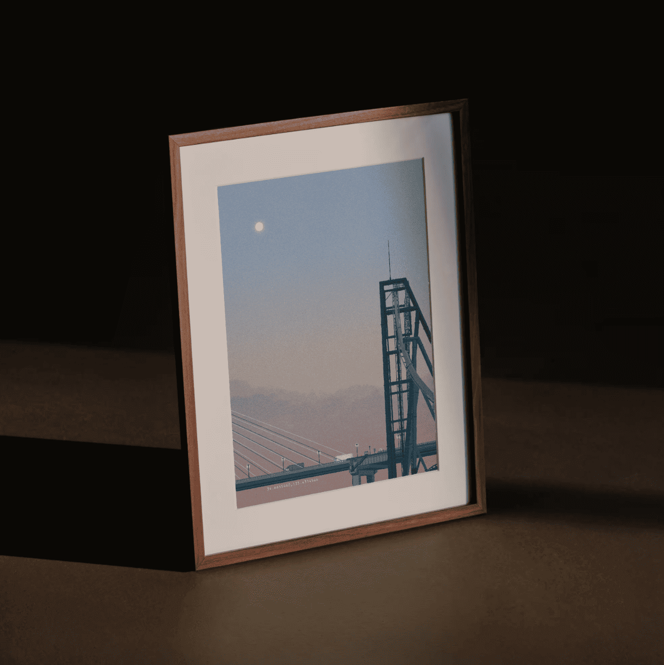 Moonlit Crossing – peaceful Japanese bridge art print under a moonlit sky by Rie Shimada in wood frame and moody lighting