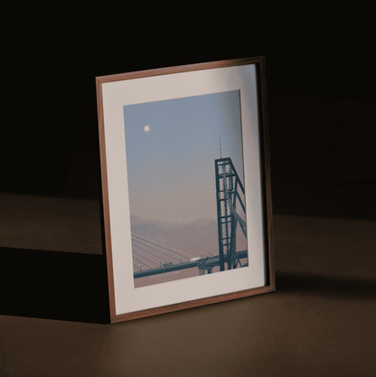 Moonlit Crossing – peaceful Japanese bridge art print under a moonlit sky by Rie Shimada in wood frame and moody lighting