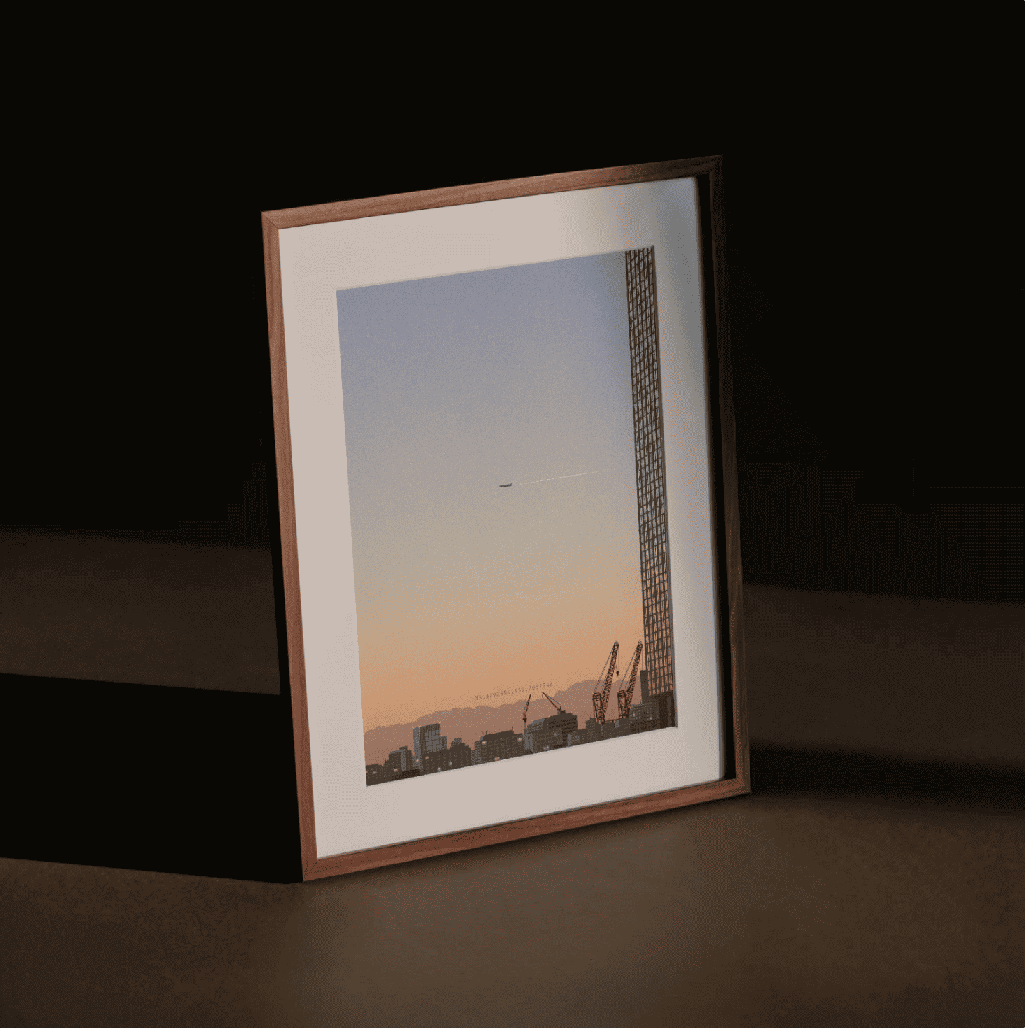 Urban Magic Hour – serene Tokyo skyline Japanese art print by Rie Shimada with sunset and airplane in wood frame and moody lighting