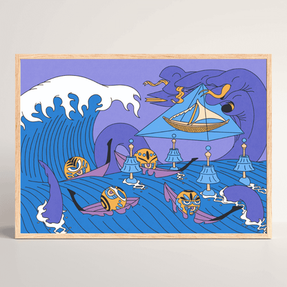 Great Wave Coffin Ride – playful fantasy art print by NOY inspired by ocean waves and spirited fish in wood frame