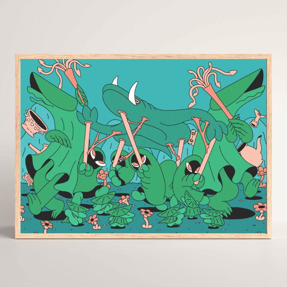 Wiggle Wiggle Bon Dance – surreal Japanese art print by NOY with dancing green creatures in wood frame 