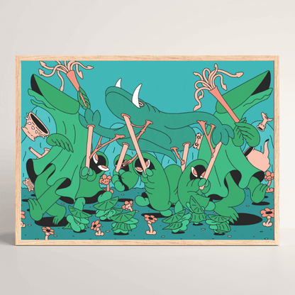 Wiggle Wiggle Bon Dance – surreal Japanese art print by NOY with dancing green creatures in wood frame 