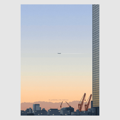 Urban Magic Hour – serene Tokyo skyline Japanese art print by Rie Shimada with sunset and airplane