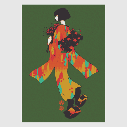 Higanbana – elegant Japanese art print of a kimono-clad girl with red spider lilies by Ico Asagiwa