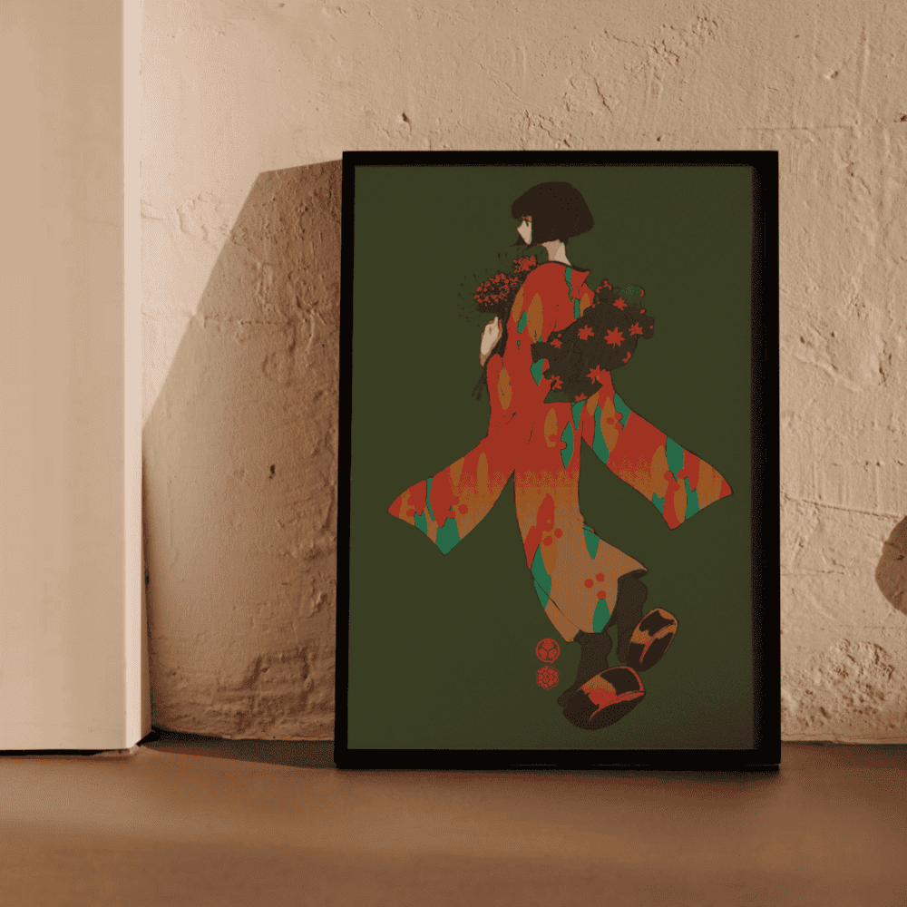 Higanbana – elegant Japanese art print of a girl in kimono with red spider lilies by Ico Asagiwa, framed in moody interior lighting