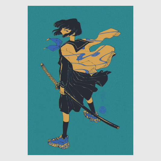 Katana – bold Japanese art print by Ico Asagiwa featuring a modern samurai girl with sword 