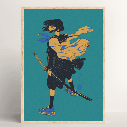 Katana – bold Japanese art print by Ico Asagiwa featuring a modern samurai girl with sword in wood frame