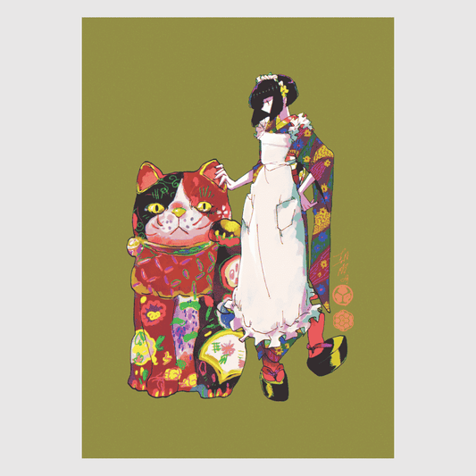 Senkyakubanrai – vibrant Japanese art print by Ico Asagiwa featuring a kimono-clad girl and lucky beckoning cat