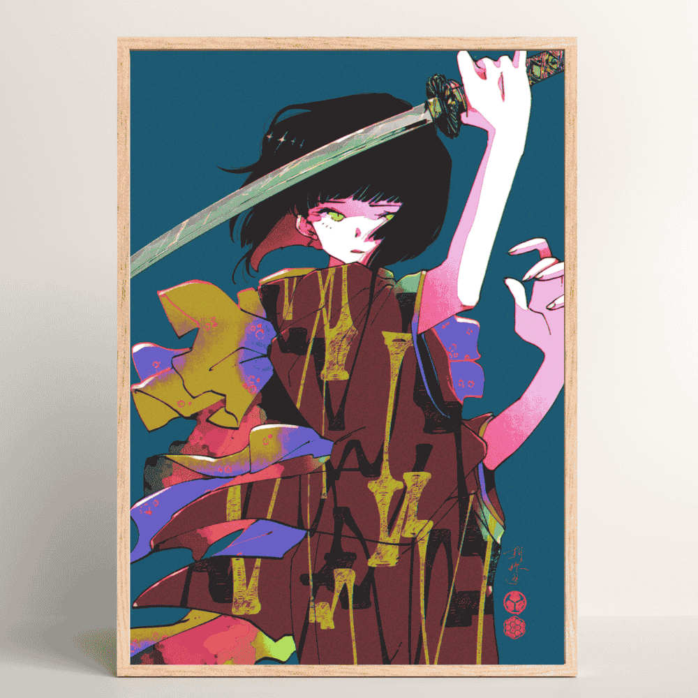 Kikuichimonji Legendary Japanese Sword – bold Japanese art print of samurai by Ico Asagiwa in wood frame