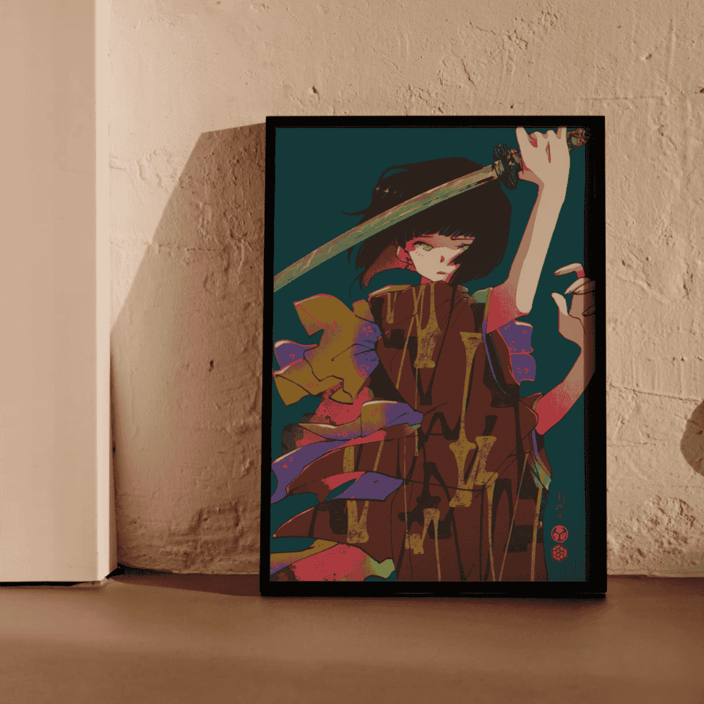 Kikuichimonji Legendary Japanese Sword – bold Japanese art print of samurai by Ico Asagiwa in black frame