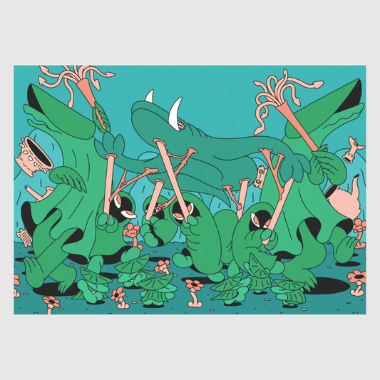 Wiggle Wiggle Bon Dance – surreal Japanese art print by NOY with dancing green creatures
