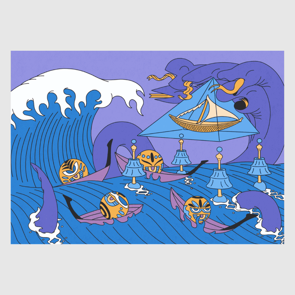 Great Wave Coffin Ride – playful fantasy art print by NOY inspired by ocean waves and spirited fish