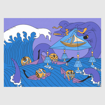 Great Wave Coffin Ride – playful fantasy art print by NOY inspired by ocean waves and spirited fish