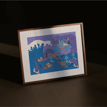Surreal Japanese ocean scene illustration by NOY in wood frame, featuring waves, lanterns, and mythical sea creatures under dramatic lighting