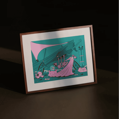 Chop-Chop Fisher Mining – surreal Japanese art print by NOY featuring whimsical sea creatures and fishing tools, framed in wood under moody lighting